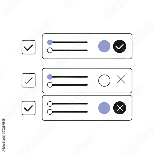 Vector art of user interface sliders and checkboxes with different states and options