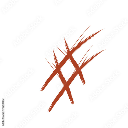 A rough, hand-drawn hashtag symbol created with thick, rust-colored brushstrokes