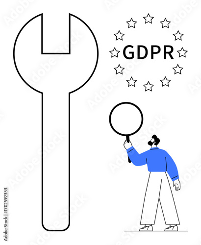 Wrench symbolizing tools and adjustments, surrounded by stars and GDPR text. A man inspects with a magnifying glass. Ideal for data protection, privacy, regulation, security, compliance, EU policies