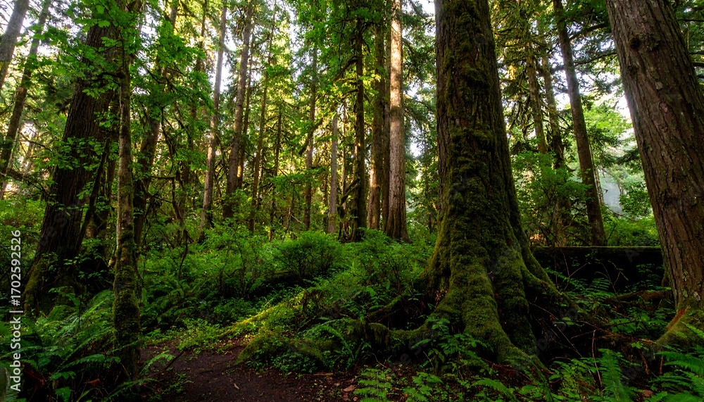 Fototapeta premium Lush, green forest floor with towering trees