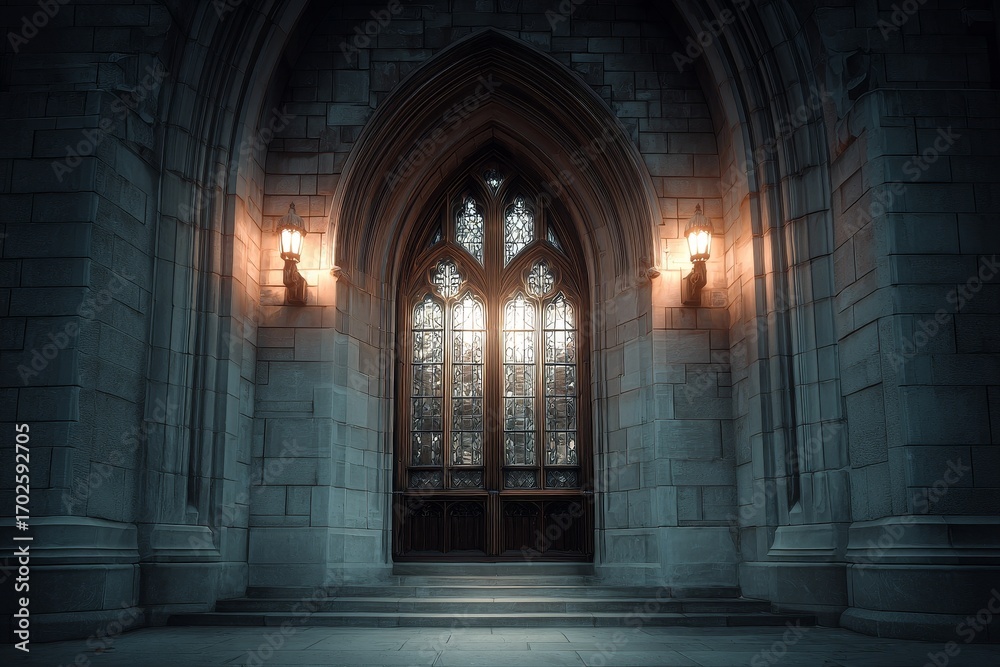 Fototapeta premium Immerse yourself in gothic design with vibrant stained glass, cozy warm lighting, and rugged stone textures ideal for Halloween or fantasy themes, evoking mysterious, medieval, and magical