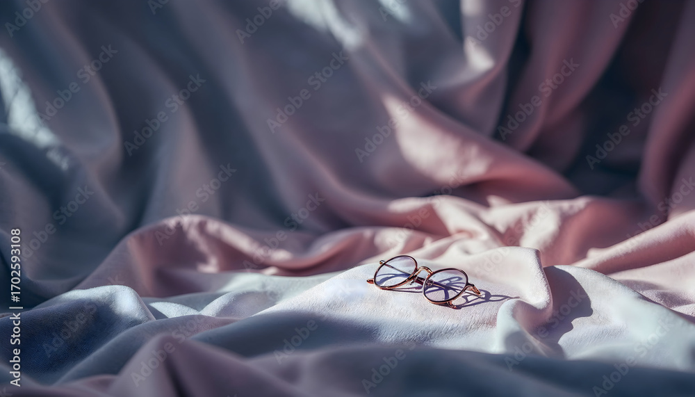 Obraz premium Elegant Round Eyeglasses Placed on Soft, Draped Fabric with Gentle Light and Shadow Play