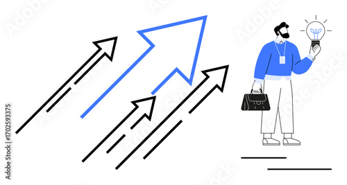 Businessman holding briefcase and glowing lightbulb, surrounded by dynamic upward arrows. Ideal for growth, innovation, strategy, leadership, business success, entrepreneurship, and problem-solving