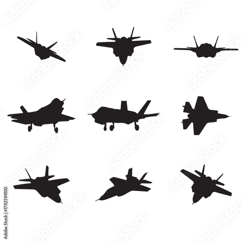 Fighter aircraft silhouettes isolated on white background