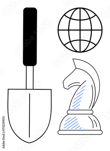 Shovel, globe, and chess knight visualizing strategy, growth, global perspectives, creative ideas, innovation, strategic thinking and progress. Ideal for business environment and development