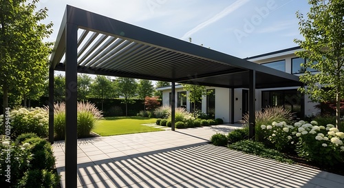 Stylish modern pergola with slatted roof over a patio area, providing shade and a beautiful transition to a white house.