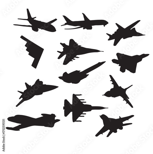  Airplanes silhouettes isolated on white background. Vector illustration for your design