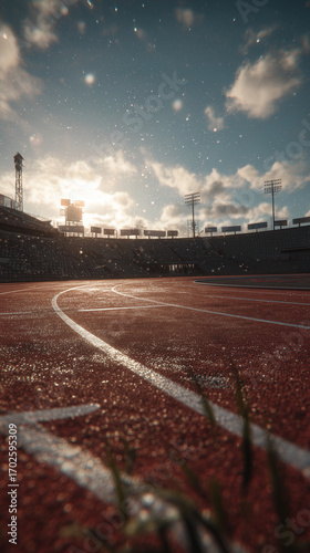 A wide-angle shot of a track and field stadium, track with red surface, and a blue sky background. It depicts a sports competition with a focus on the outdoor arena.
