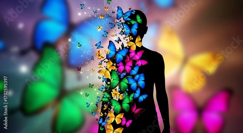 Silhouette of a person transforming into colorful butterflies against a vibrant background.