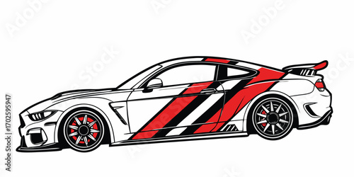 Illustration of a white sports car with red stripes, highlighting its dynamic design and powerful stance on the road