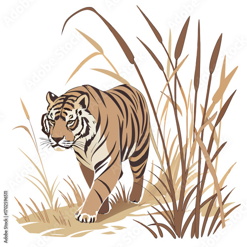 Tiger Walking Through Dry Grass And Reeds On White Background animal wildlife