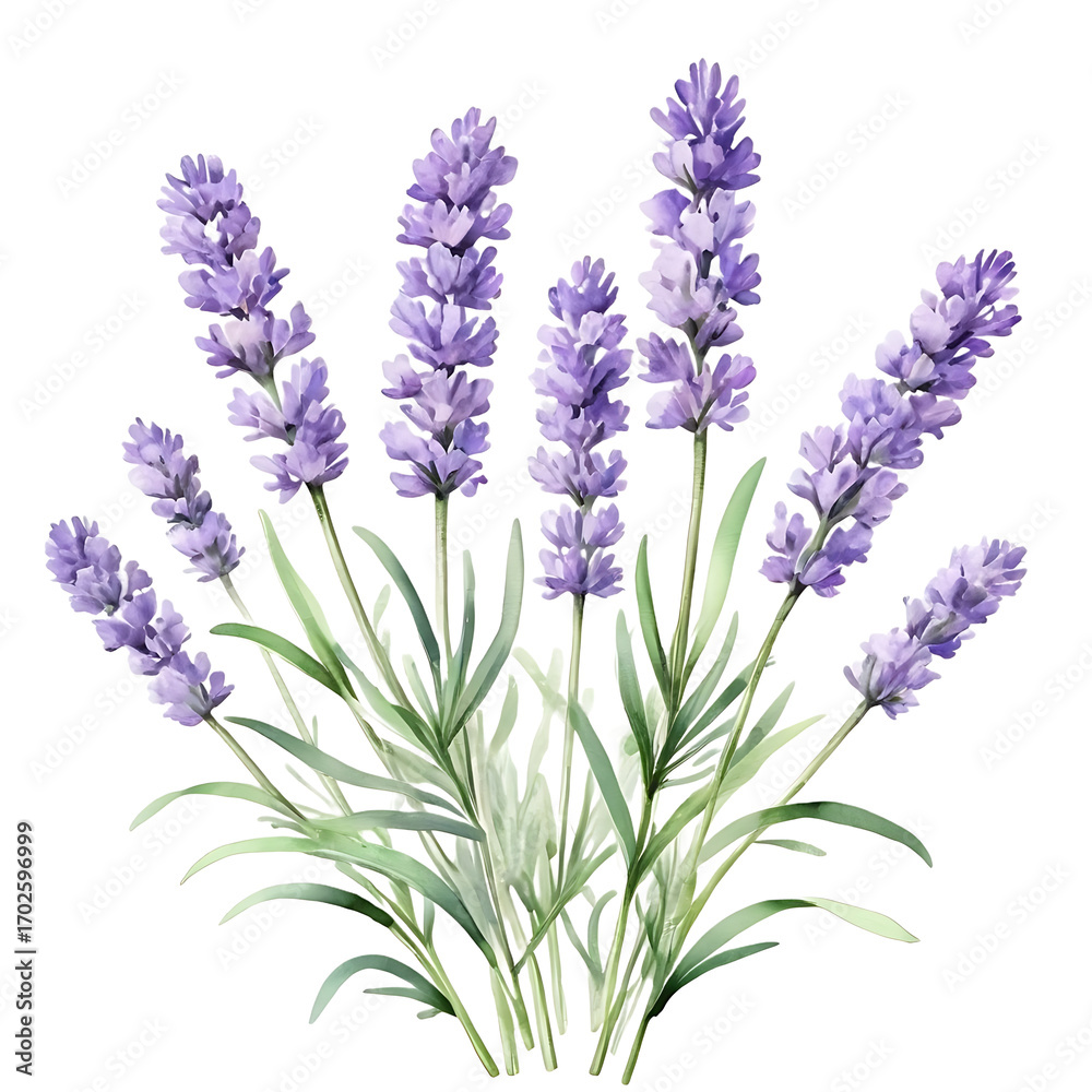 Naklejka premium A beautiful cluster of vibrant purple lavender flowers with green stems and leaves against a stark black background