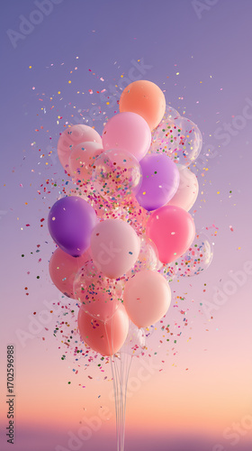 A colorful balloon bunch floating in the sky with confetti surrounding them, creating a joyful and festive atmosphere. The balloons add a touch of whimsy to the scene. 