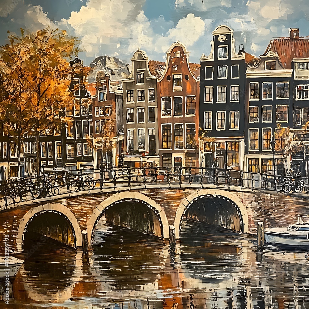 Fototapeta premium Scenic view of amsterdam canal with traditional dutch houses picture