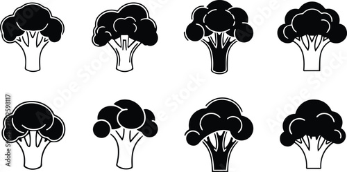  set of broccoli silhouettes, showcasing various shapes and sizes of this healthy vegetable, perfect for designs related to nutrition, vegetarianism, and healthy eating