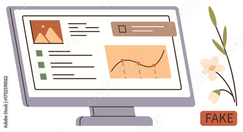 Computer screen with data charts, analysis, and fake notification. Ideal for technology, analytics, business, digital security, online scams awareness education. Clean and simple flat metaphor