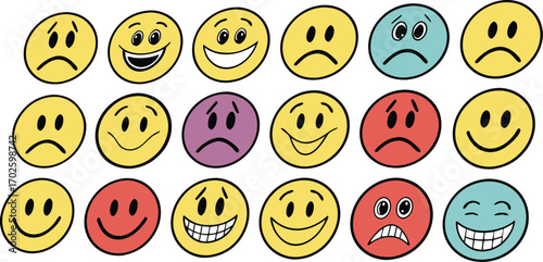 A vibrant collection of 24 diverse and expressive digital emojis for various communication needs