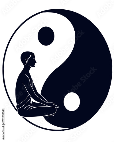 Yin Yang Balance with Meditating Human Silhouette – Vector Illustration