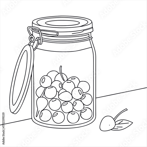 Glass canning jar in continuous line art drawing style. Food preserve
