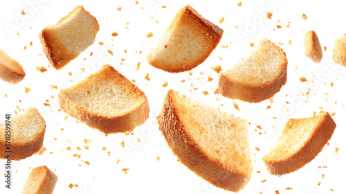 Toasted bread slices and crumbs flying on white background. 