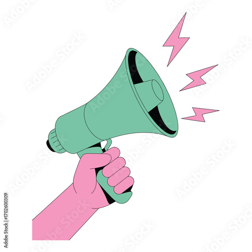 Minimalist illustration of a pink hand holding a mint green megaphone with pink lightning bolts on light beige background