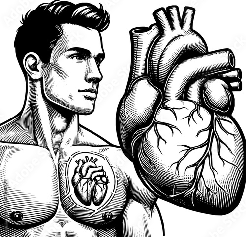 Black and white vector of a human heart in clean line art style, anatomically accurate, isolated on white background, scalable illustration