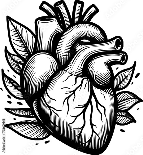 Black and white vector of a human heart in clean line art style, anatomically accurate, isolated on white background, scalable illustration