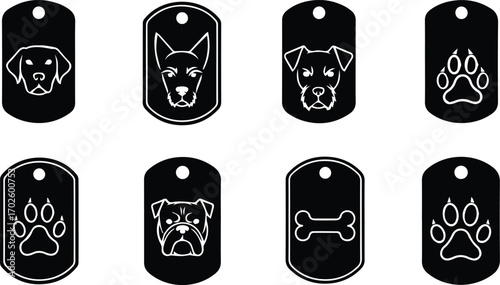  dog tag designs featuring various dog breeds and paw prints in black silhouette, includes labrador, husky, boxer, bulldog, and bone designs for pet identification