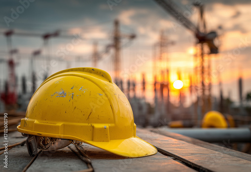 A close-up of a yellow hard hat on a construction site at sunset with the silhouettes of cranes in the background