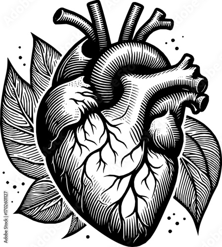 Black and white vector of a human heart in clean line art style, anatomically accurate, isolated on white background, scalable illustration