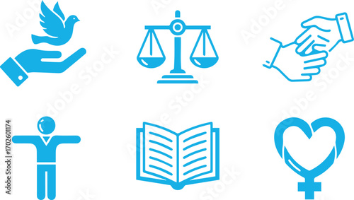  collection of blue icons representing various concepts such as peace, justice, equality, education, and love, depicted through symbols like a dove, scales, handshake, and heart