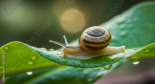 Snail Crawling on a Green Leaf with Water Drops vector illustration