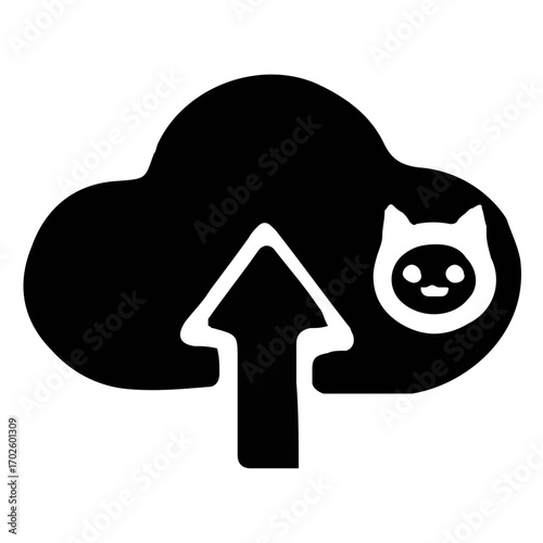 Simple glyph icon for a cloud storage service featuring an upload arrow and a friendly cat character logo, representing data backup and file sharing