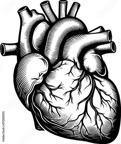 Black and white vector of a human heart in clean line art style, anatomically accurate, isolated on white background, scalable illustration