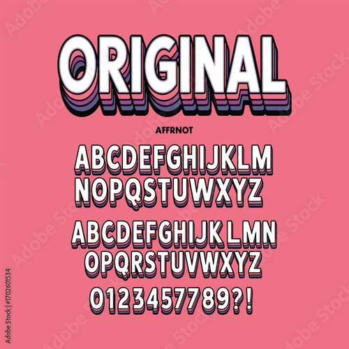 Retro 3D text design featuring ORIGINAL with multi-colored layered letters, full alphabet, numbers, and punctuation on pink background
