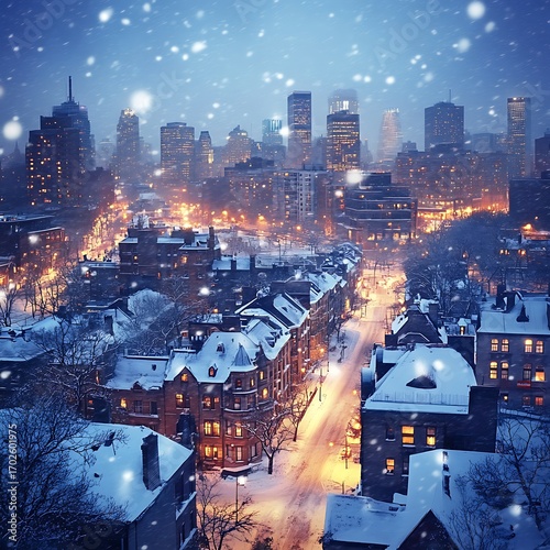 Stunning chicago cityscape with snow falling and glowing skyline lights picture