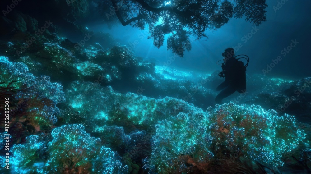 custom made wallpaper toronto digitalA scuba diver explores a vibrant coral reef wearing full gear, illuminated by sunlight filtering through water,