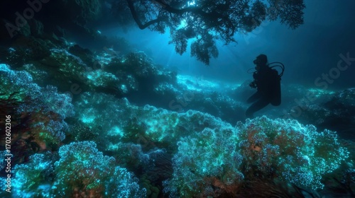 Wallpaper Mural A scuba diver explores a vibrant coral reef wearing full gear, illuminated by sunlight filtering through water, Torontodigital.ca