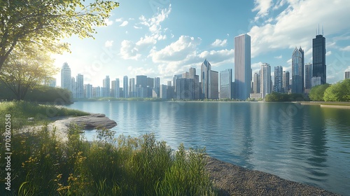 Stunning chicago skyline at sunset over lake michigan aerial view picture