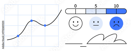Line chart with upward trend, feedback rating bar from 0 to 10, happy, neutral, and sad faces illustrating user feedback. Ideal for data analysis, user experience, survey results, business growth