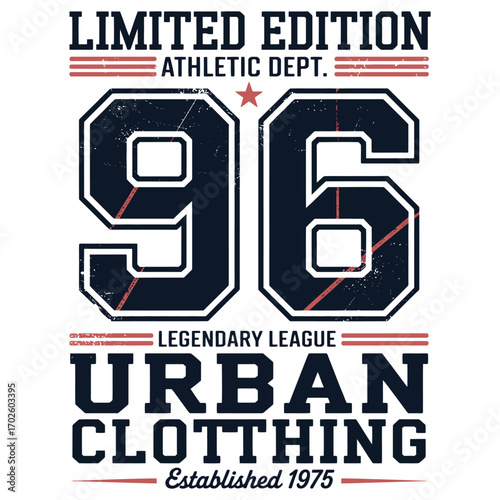 Vintage varsity-style t-shirt graphic with distressed numbers 96, red star, and retro collegiate athletic design on light background