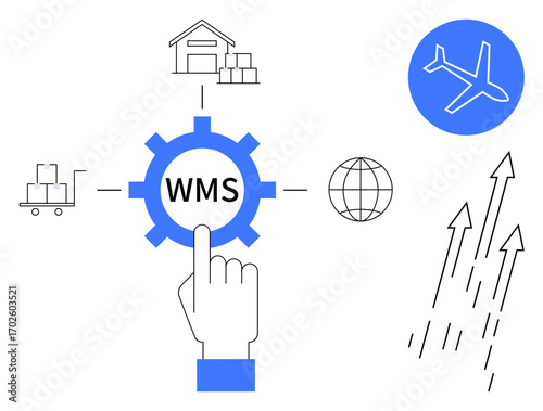 Gear with WMS activated by a hand touch, warehouse, cart, globe, plane, and arrows. Ideal for logistics, supply chain, warehouse operations inventory management shipping global trade business