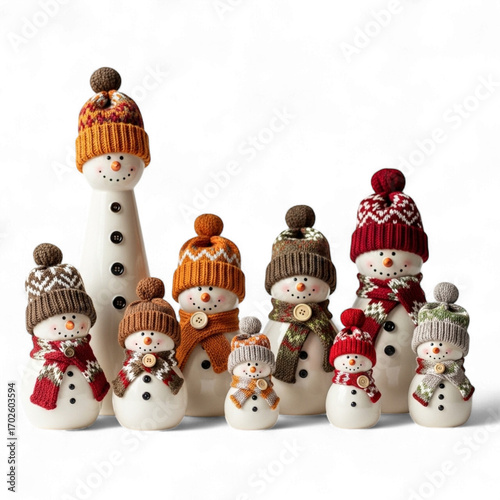 Group of ceramic snowmen wearing knitted hats isolated on transparent background