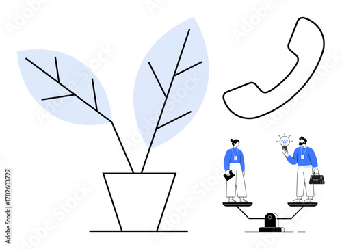 Potted plant with two leaves, balancing scale with two people exchanging ideas, phone receiver. Ideal for growth, teamwork, innovation, balance, communication collaboration business goals. Simple