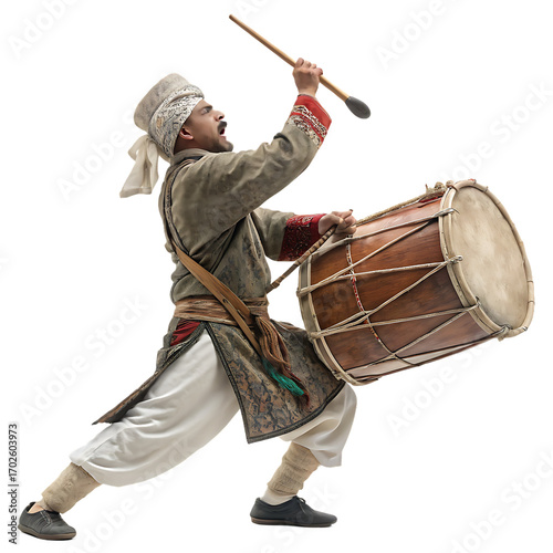 A man in traditional attire playing a large drum isolated on transparent background, showcasing cultural performance and musical expression with passion and energy
