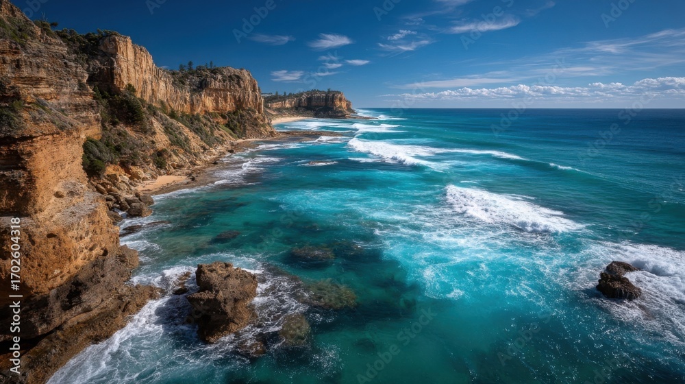 Obraz premium Expansive coastal panorama with rugged cliffs, layered sedimentary rocks,