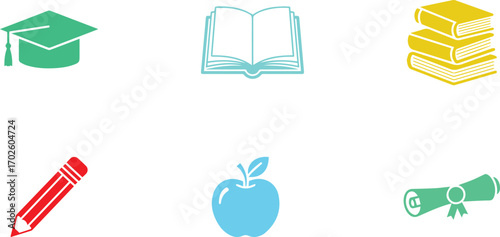 Illustration of education and school icons, the set includes a graduation cap, book, stack of books, pencil, apple, and diploma scroll