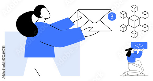 Woman holding email with new notification icon, developer coding on laptop, blockchain concept illustration. Ideal for messaging, technology, communication, coding, blockchain, notifications simple