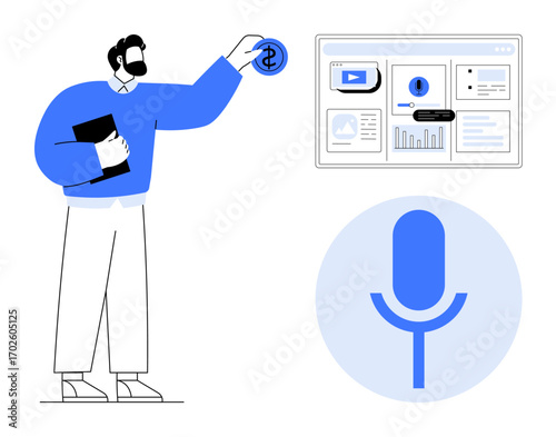 Man holding notebook placing coin on dashboard with analytics, video, and podcast icons. Large microphone icon symbolizes content creation. Ideal for podcasts, monetization, analytics, digital media