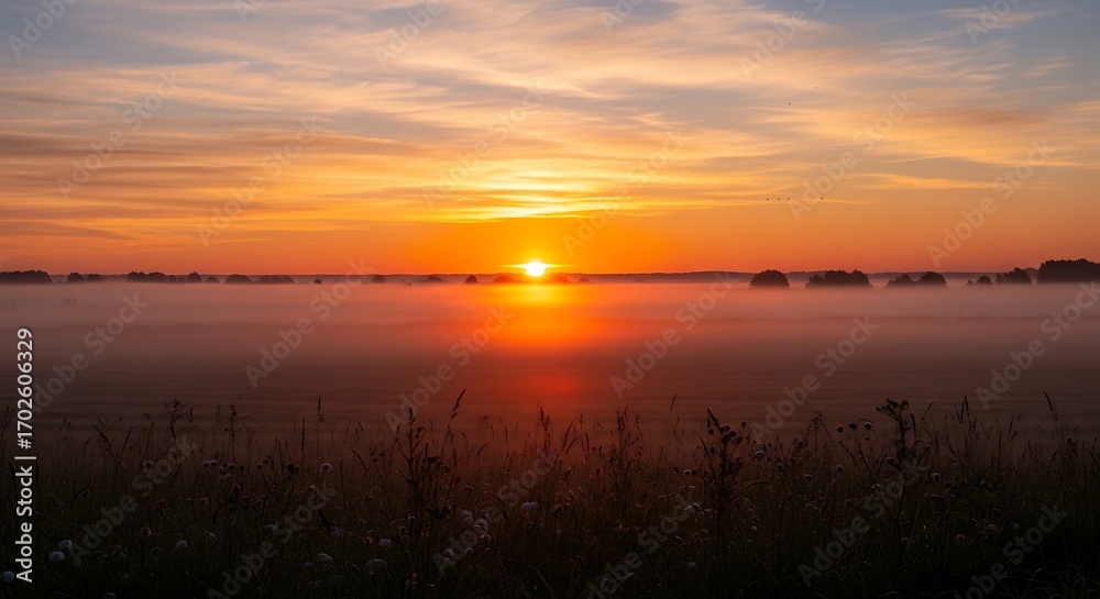 Naklejka premium Sunrise over the field with beautiful colors.